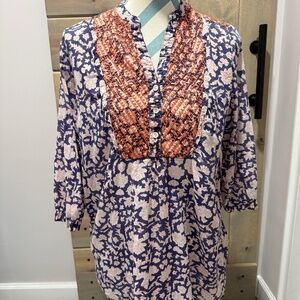 Roberta Roller Rabbit Tunic M Blue and Pink Floral Print 100% Cotton Lightweight